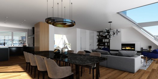 3D Visualisierung in Wien Wohnzimmer mit Esstisch